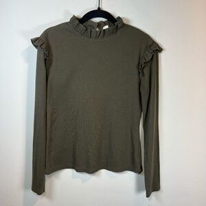 Ribbed Long Sleeve Blouse Shirt Olive Green Ruffle Neck Shoulder Stretch  Medium